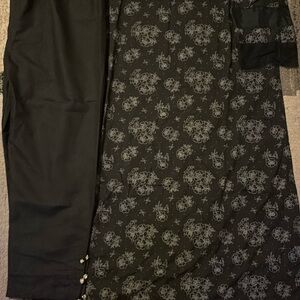 2 piece cotton black print kameez, high beaded collar, pants with stone buttons